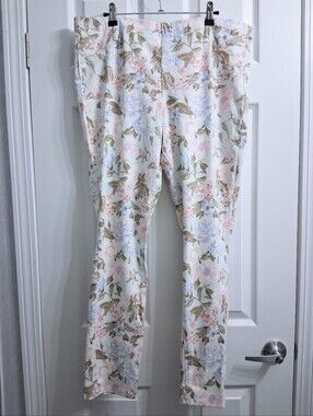 Mixit Floral Stretch Pants Pastel Flowers On White Pink Blue Botanical XL